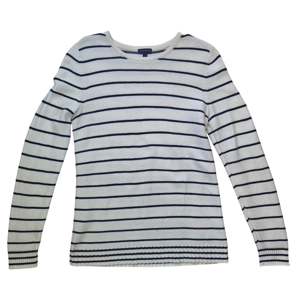 Talbots Womens Small Cream Black Striped Cotton Cashmere Crew Neck Sweater